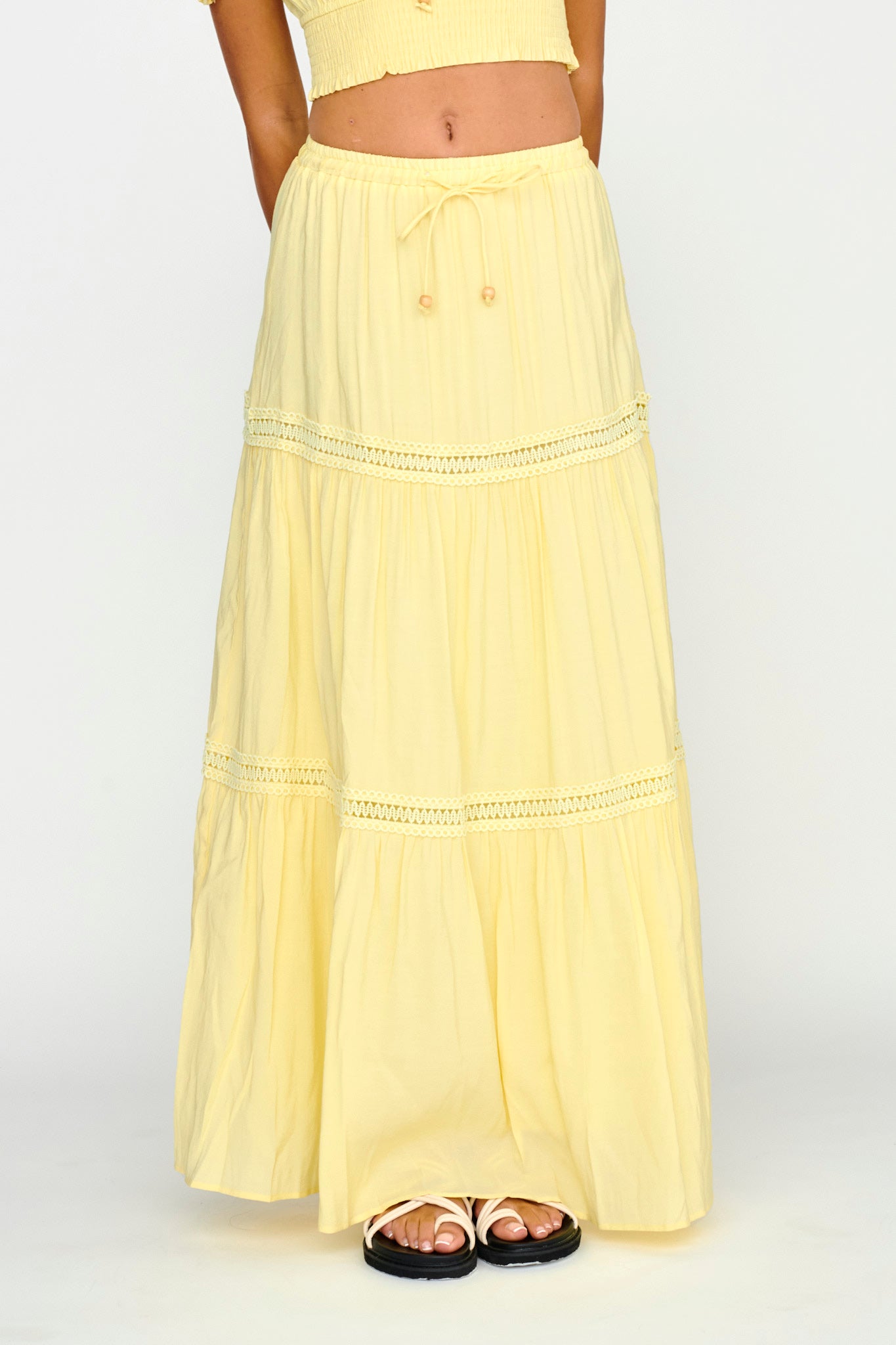 Canyon Cove Crochet Trim Maxi Skirt Yellow by Selfie Leslie Australia