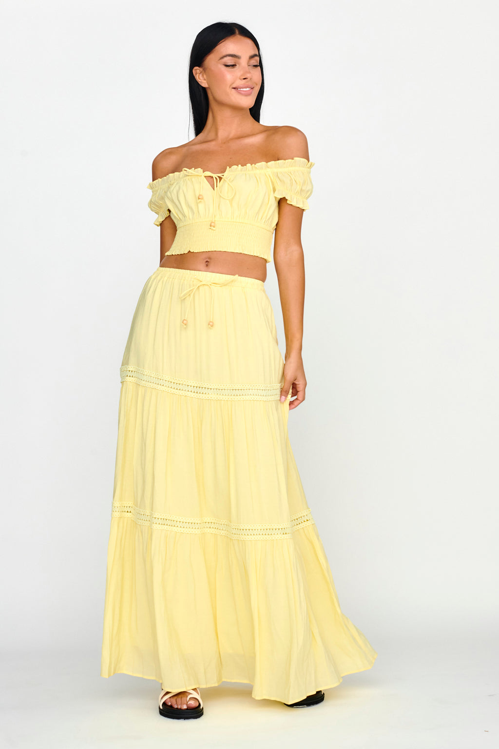 Canyon Cove Crochet Trim Maxi Skirt Yellow by Selfie Leslie Australia