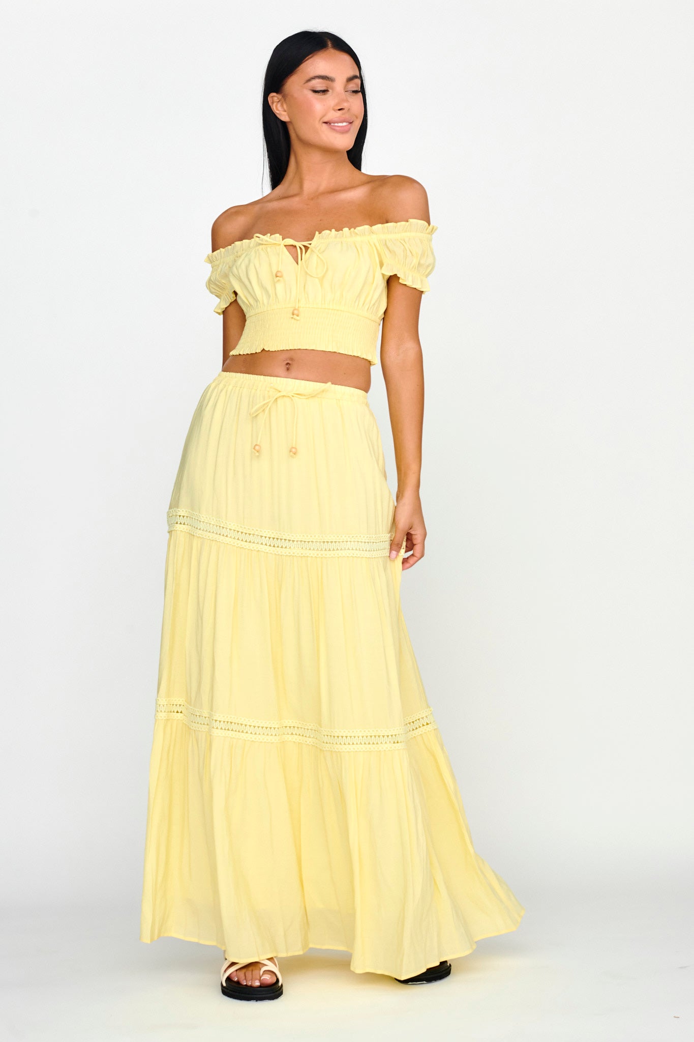 Canyon Cove Crochet Trim Maxi Skirt Yellow by Selfie Leslie Australia