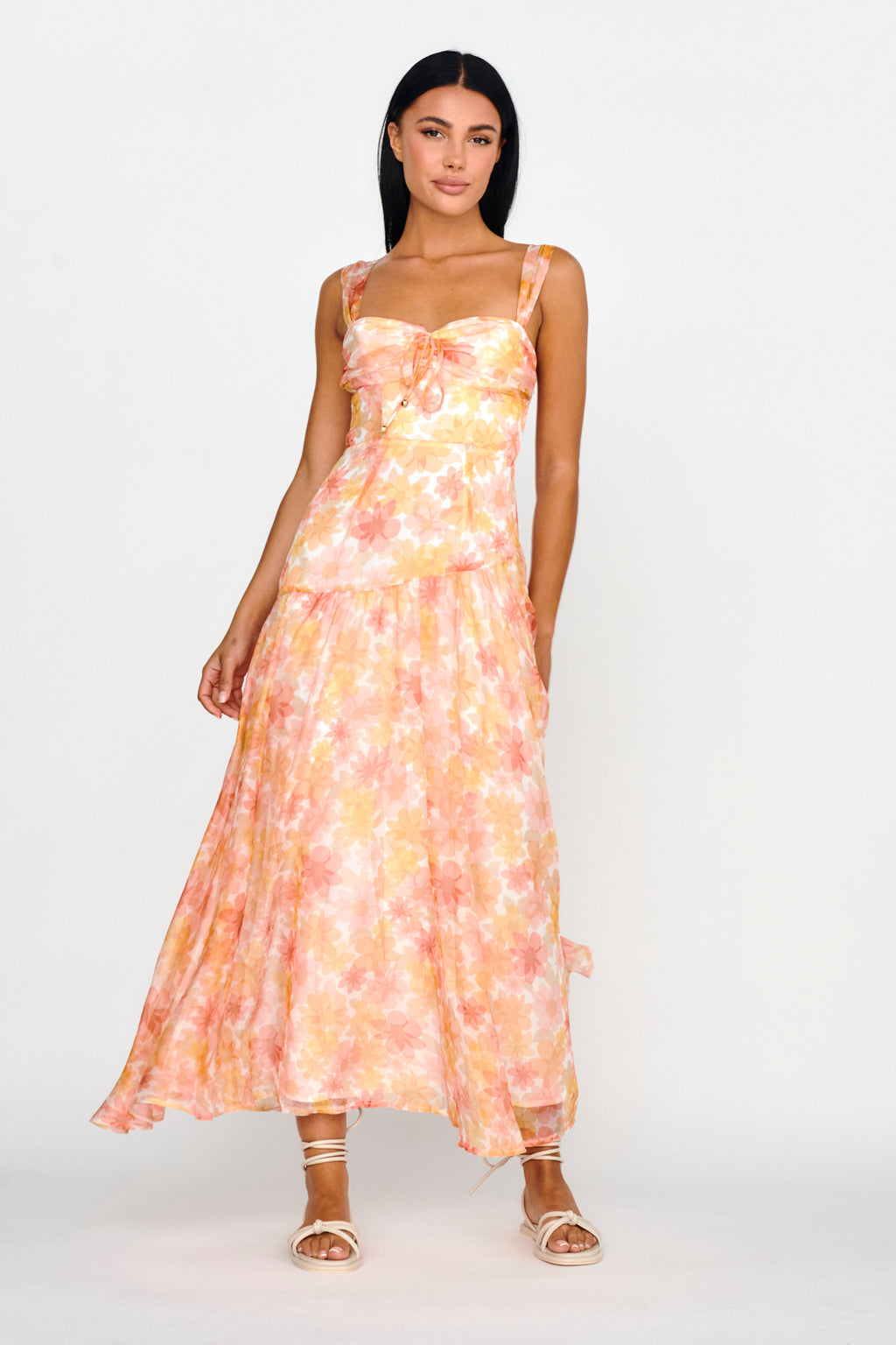 Nichola Ruched Bust Midi Dress Floral Orange by Selfie Leslie Australia