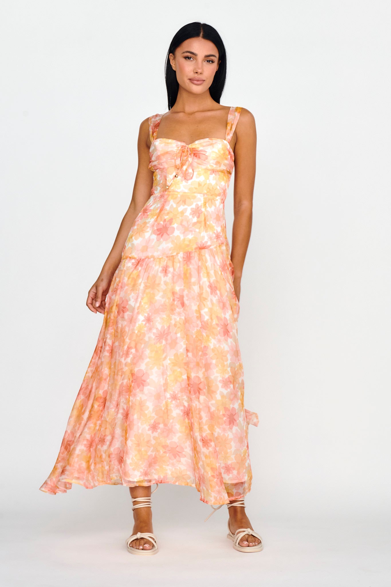 Nichola Ruched Bust Midi Dress Floral Orange by Selfie Leslie Australia