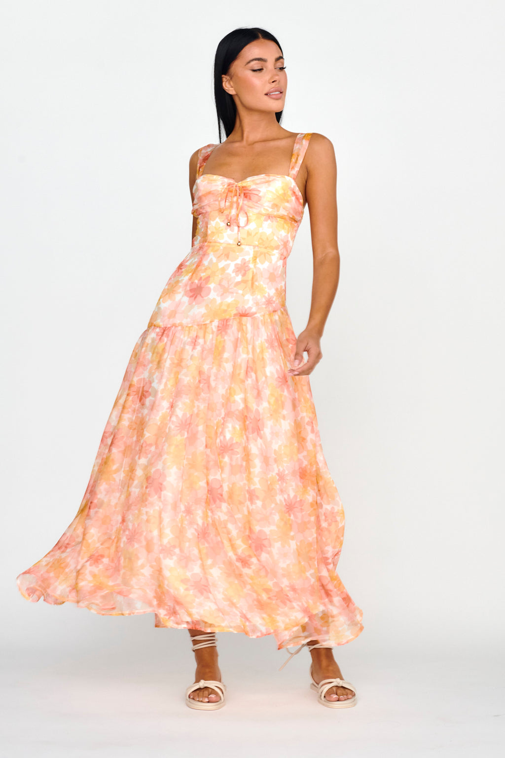 Nichola Ruched Bust Midi Dress Floral Orange by Selfie Leslie Australia