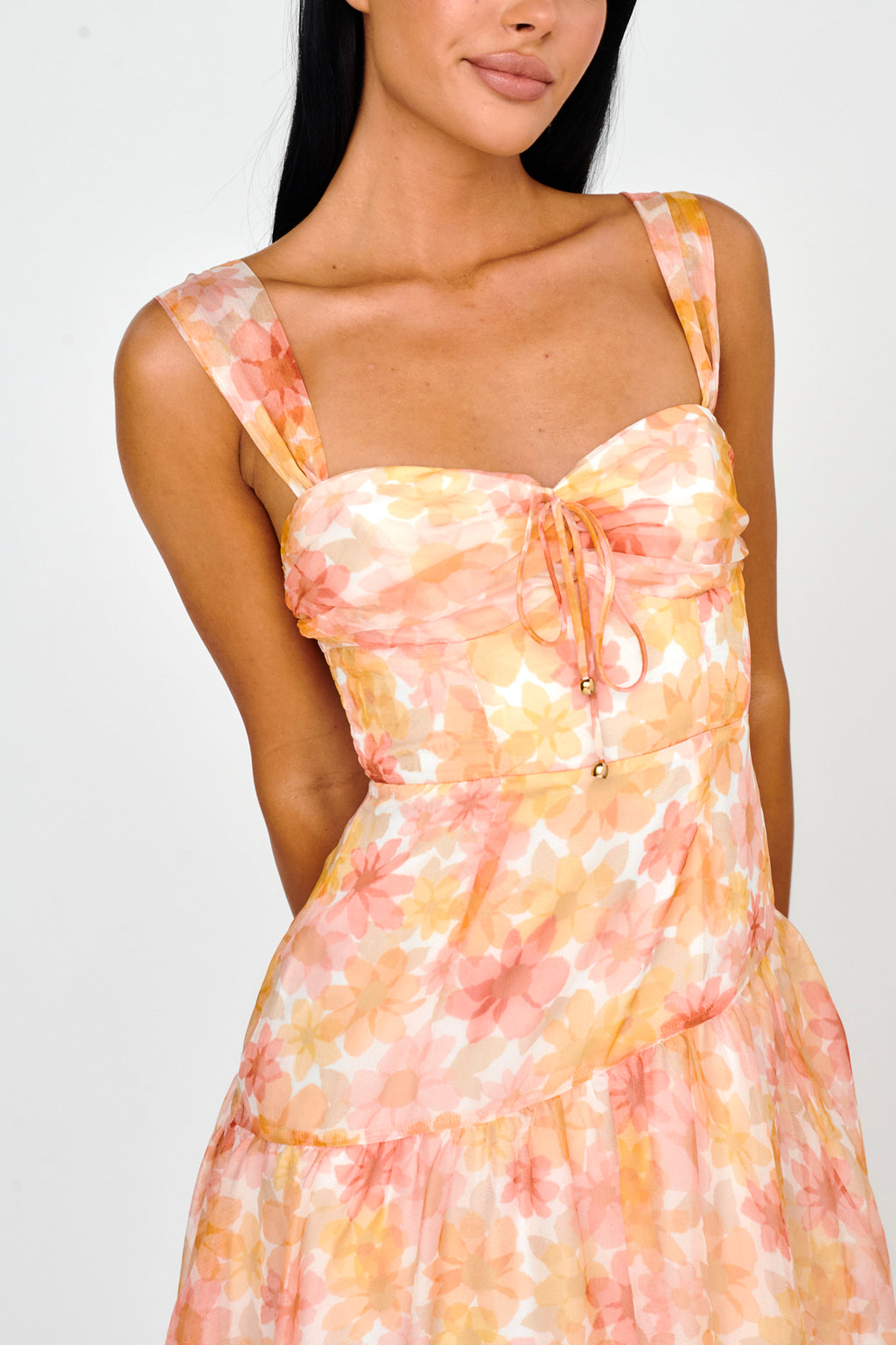 Nichola Ruched Bust Midi Dress Floral Orange by Selfie Leslie Australia