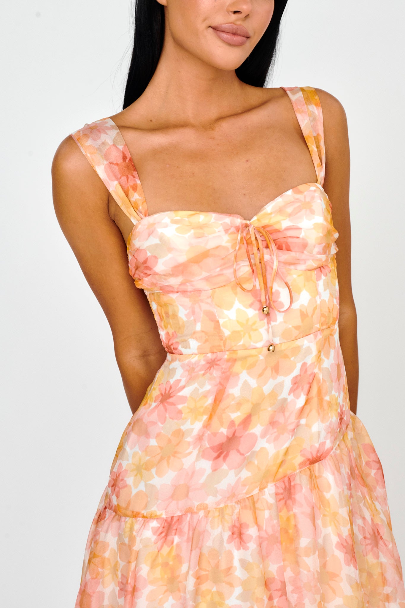 Nichola Ruched Bust Midi Dress Floral Orange by Selfie Leslie Australia