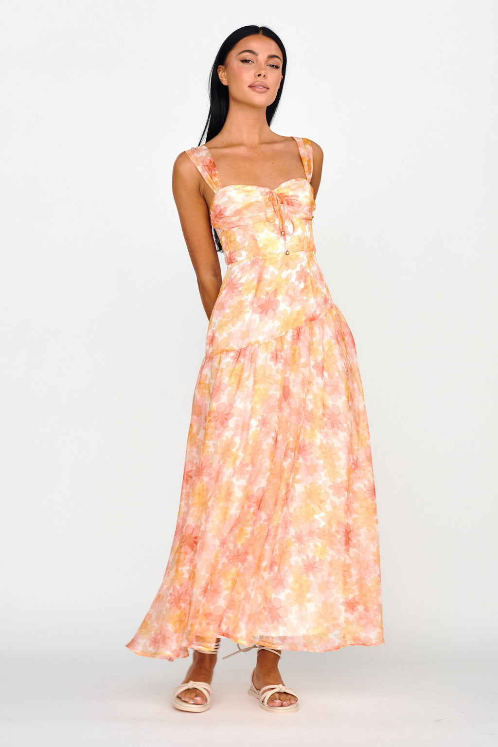 Nichola Ruched Bust Midi Dress Floral Orange by Selfie Leslie Australia