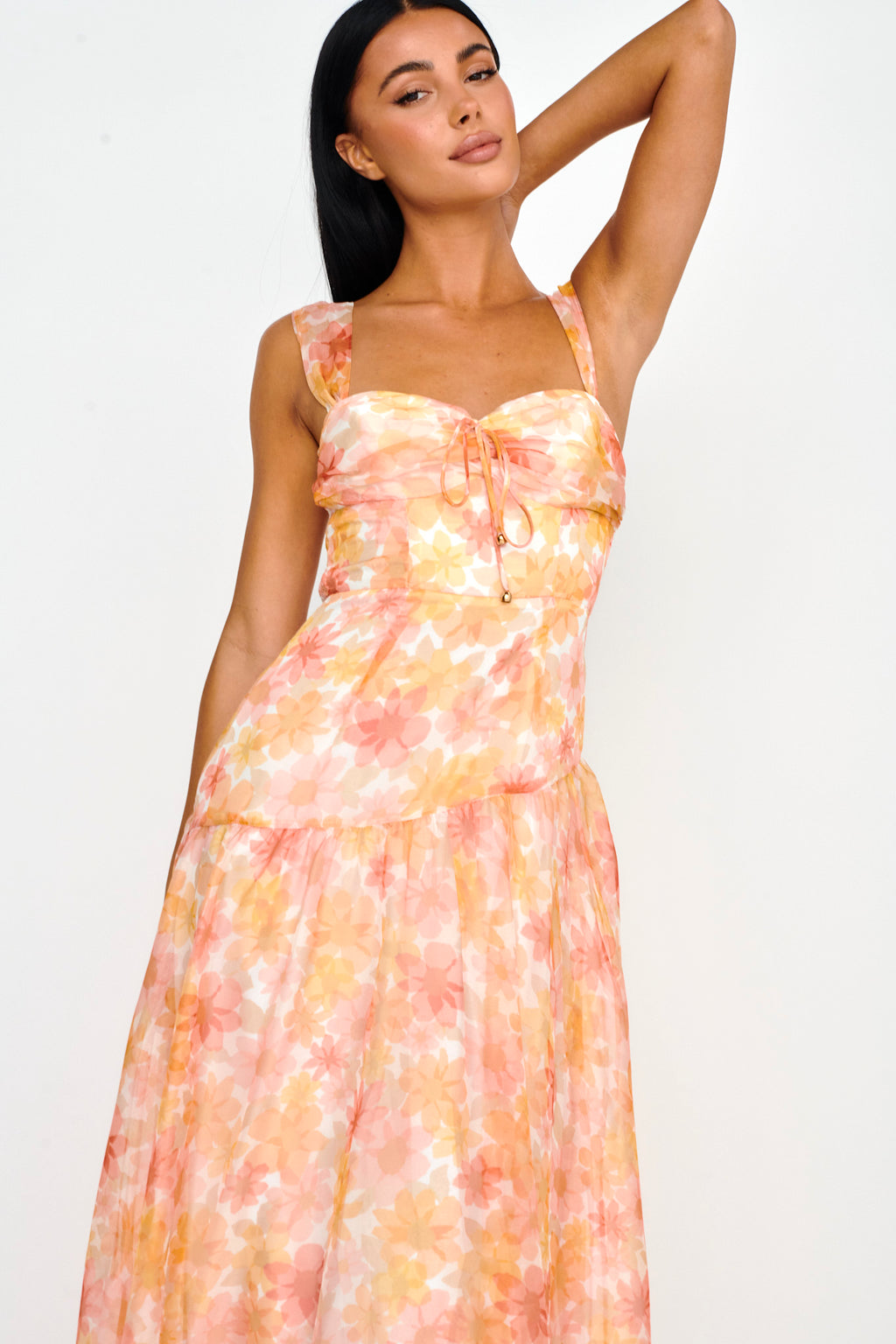 Nichola Ruched Bust Midi Dress Floral Orange by Selfie Leslie Australia