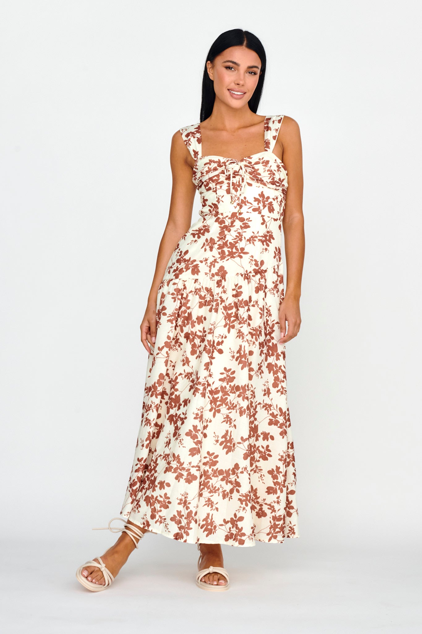 Nichola Ruched Bust Midi Dress Floral Brown by Selfie Leslie Australia