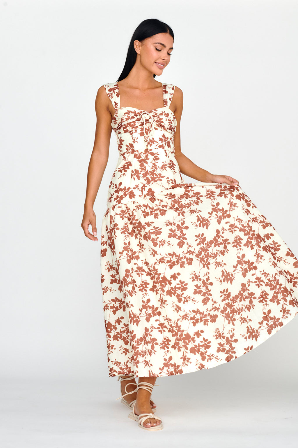 Nichola Ruched Bust Midi Dress Floral Brown by Selfie Leslie Australia