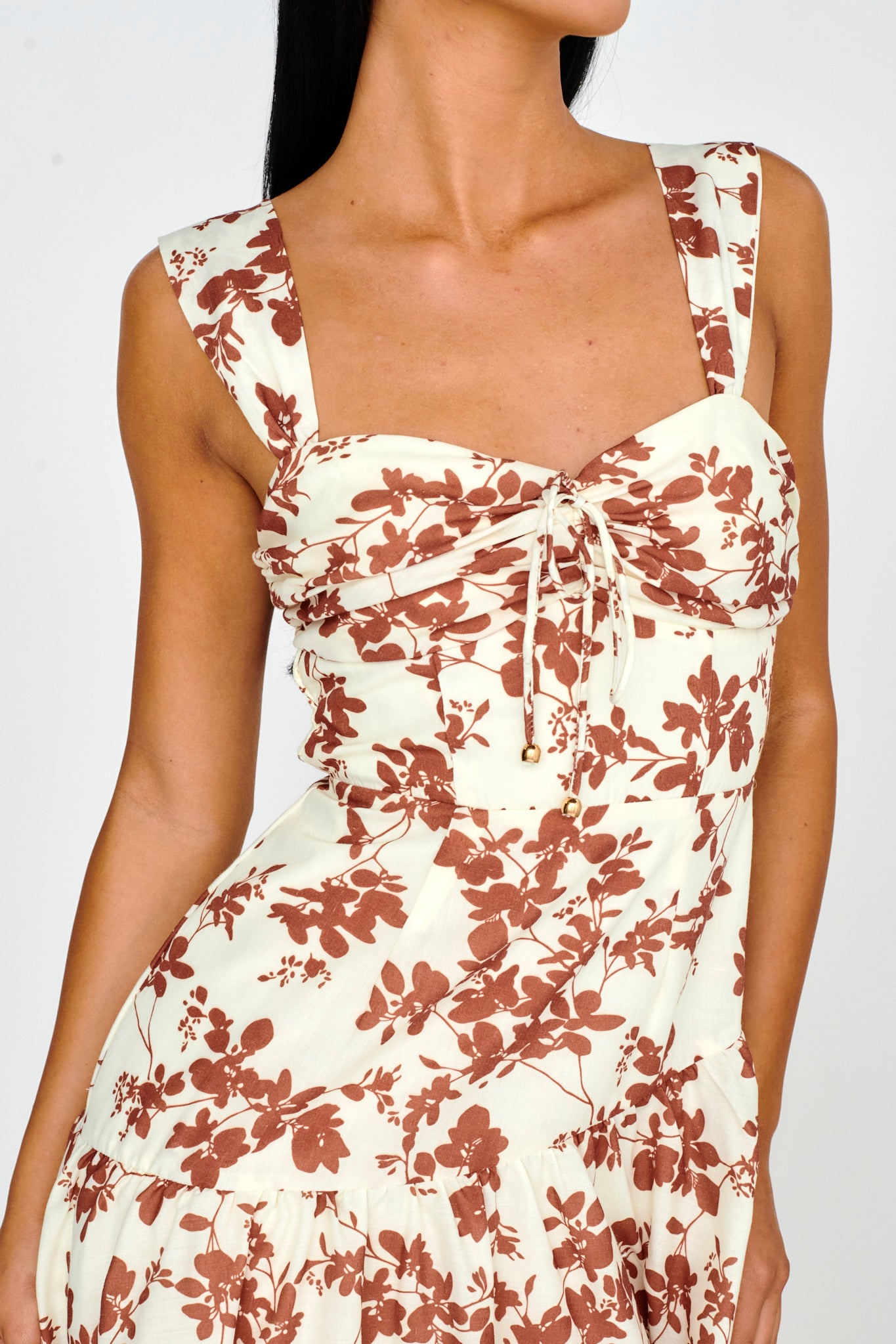 Nichola Ruched Bust Midi Dress Floral Brown by Selfie Leslie Australia