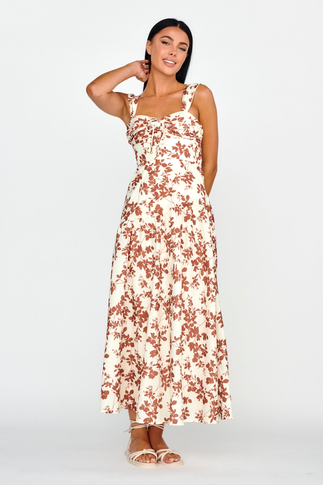 Nichola Ruched Bust Midi Dress Floral Brown by Selfie Leslie Australia