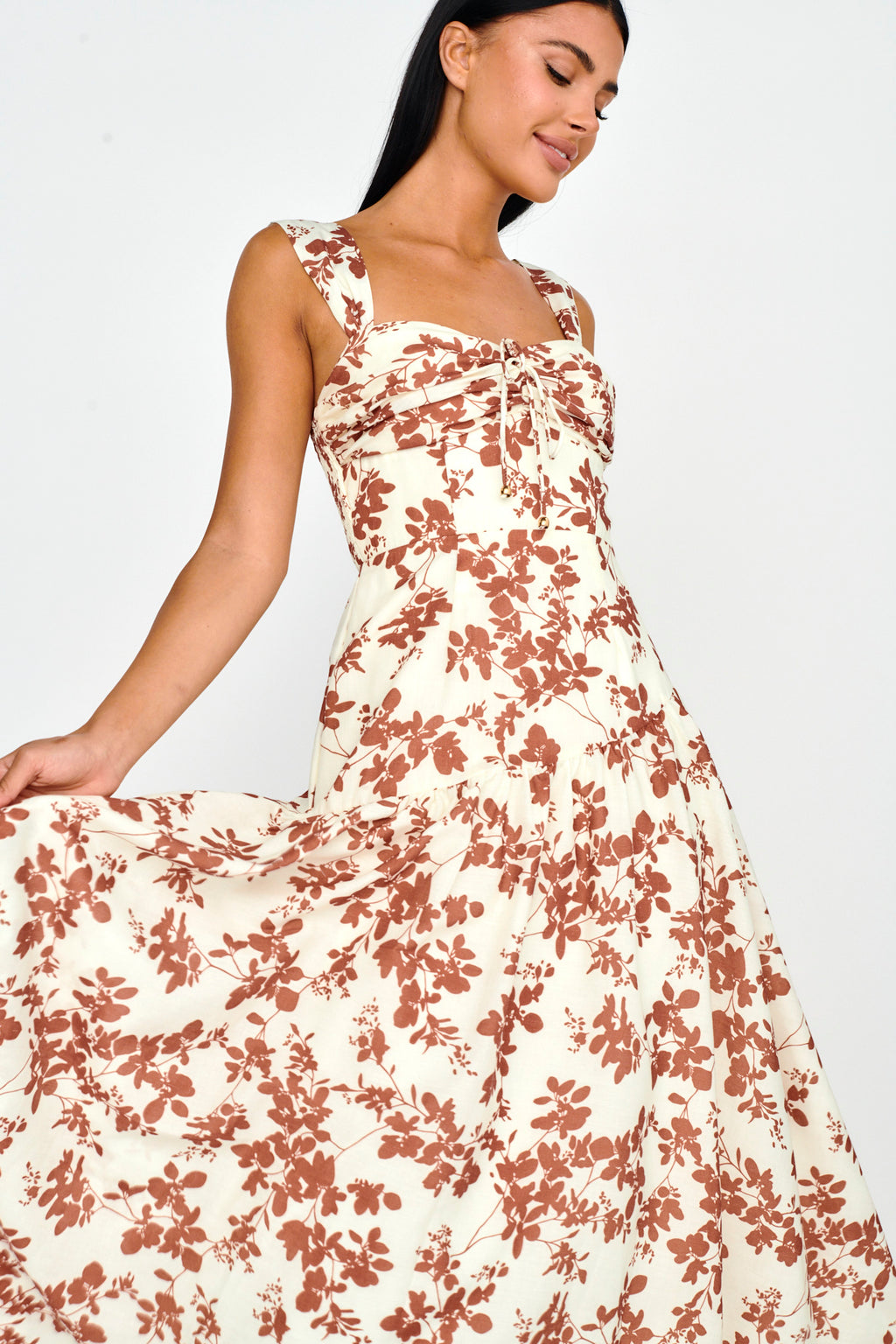 Nichola Ruched Bust Midi Dress Floral Brown by Selfie Leslie Australia