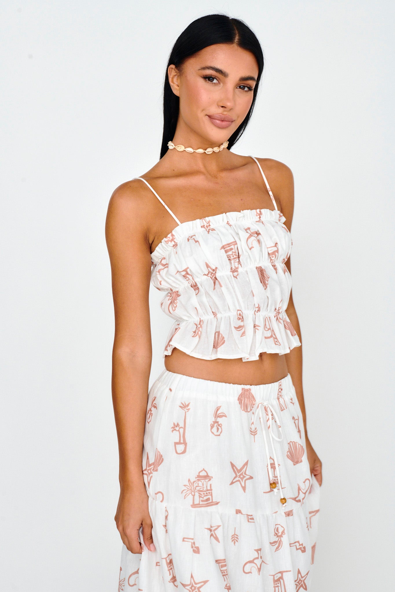 South Bay Ruched Cami Top Print Mocha by Selfie Leslie Australia