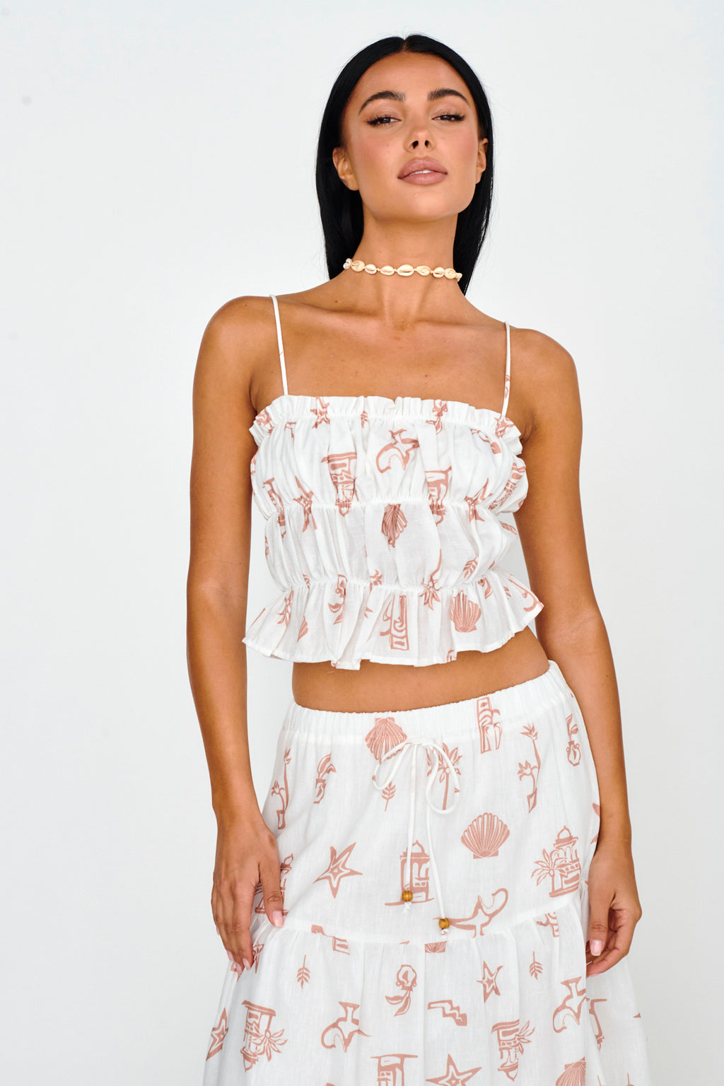 South Bay Ruched Cami Top Print Mocha by Selfie Leslie Australia