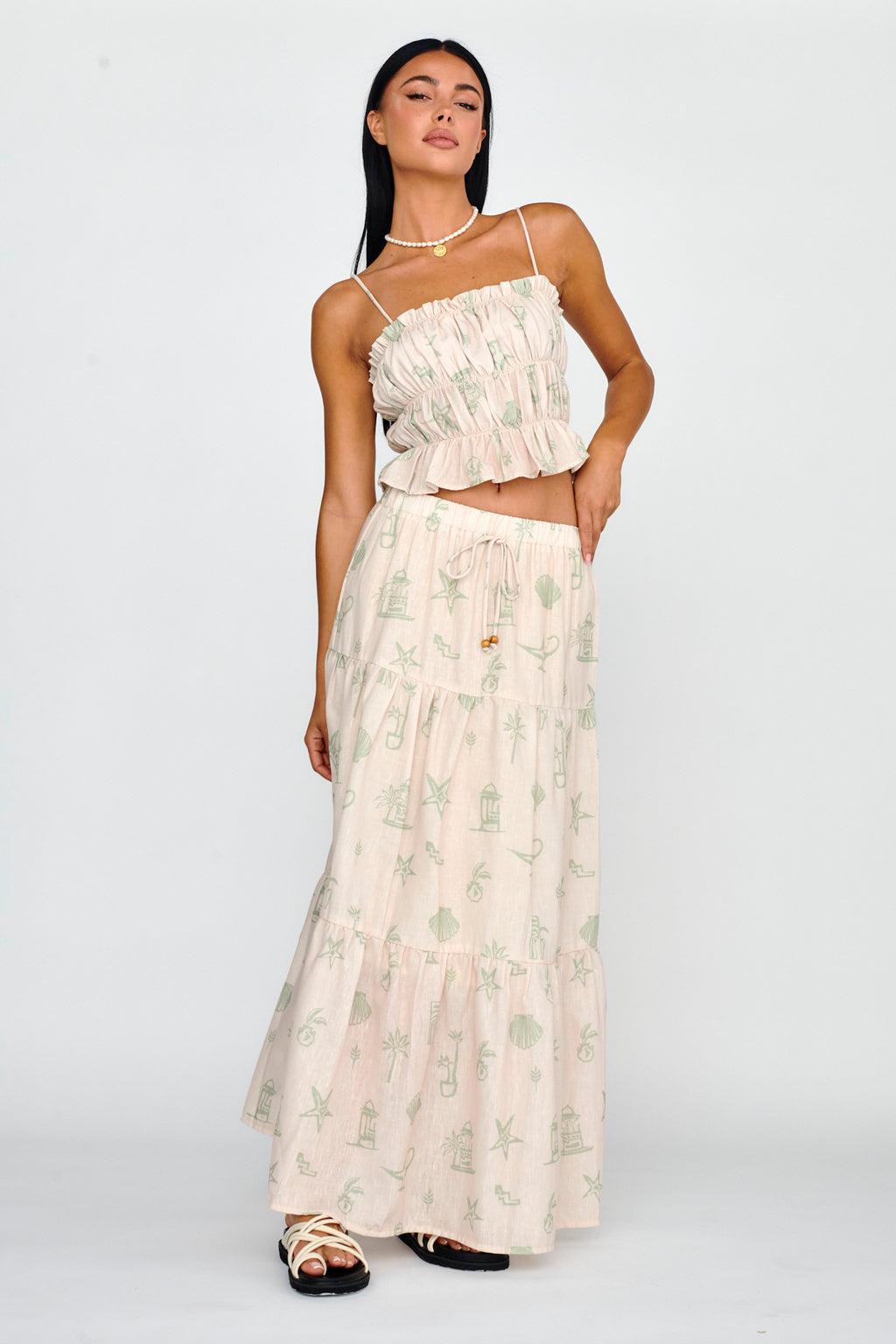 South Bay Ruched Cami Top Print Sage by Selfie Leslie Australia