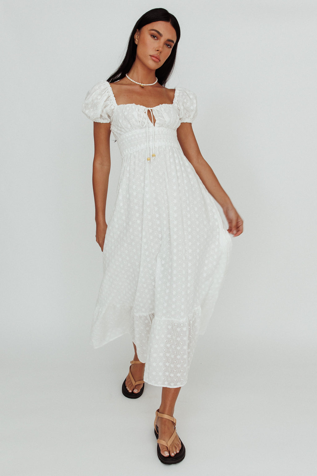 Sia Puff Sleeve Eyelet Maxi Dress White by Selfie Leslie Australia