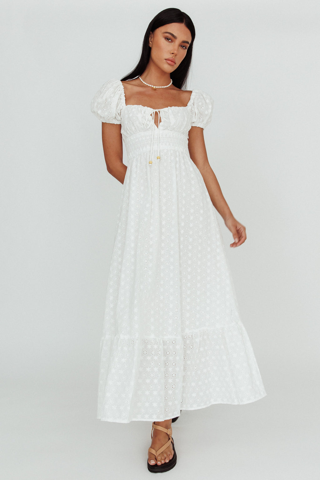 Sia Puff Sleeve Eyelet Maxi Dress White by Selfie Leslie Australia