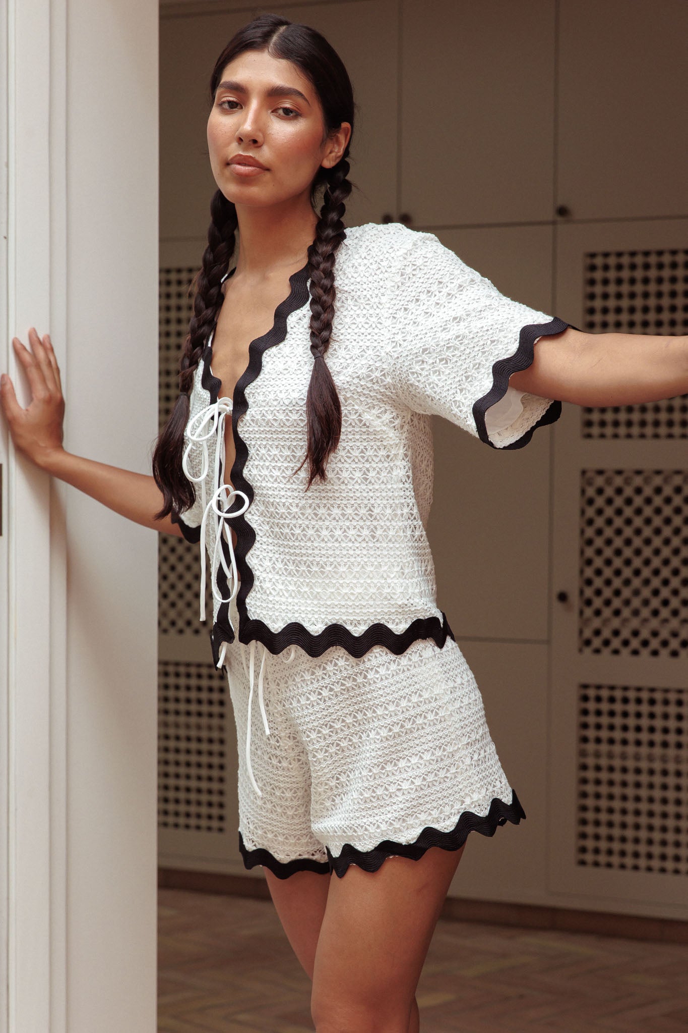 Breakaway Tie Front Shirt Crochet White by Selfie Leslie Australia