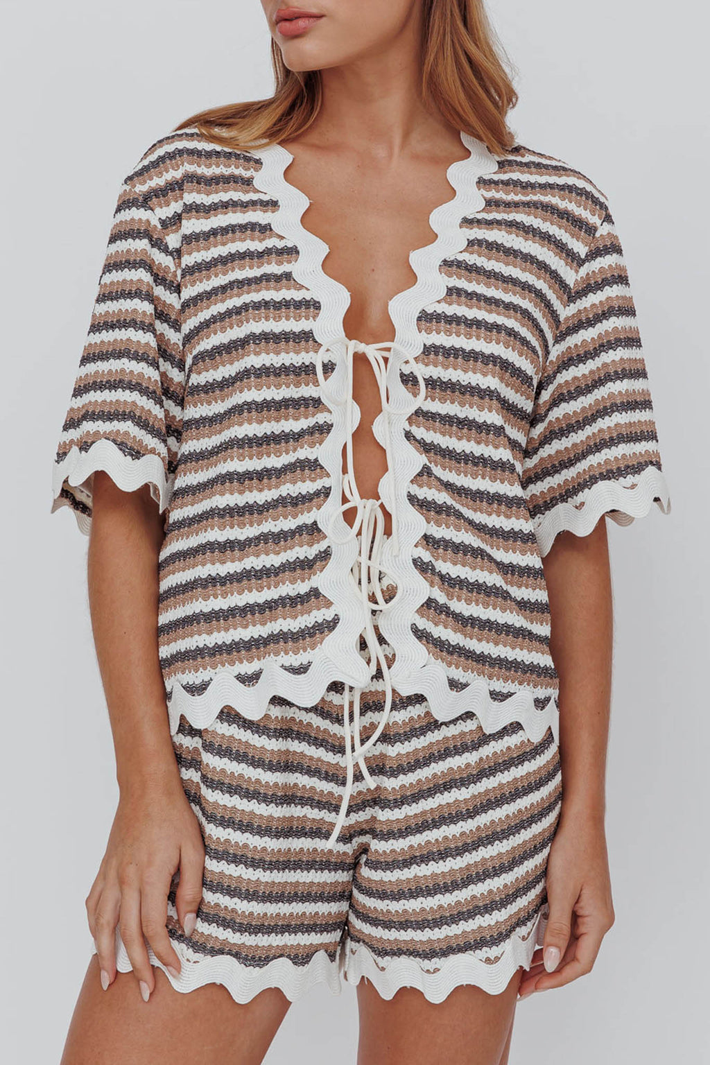 Breakaway Tie Front Shirt Stripe Mocha by Selfie Leslie Australia