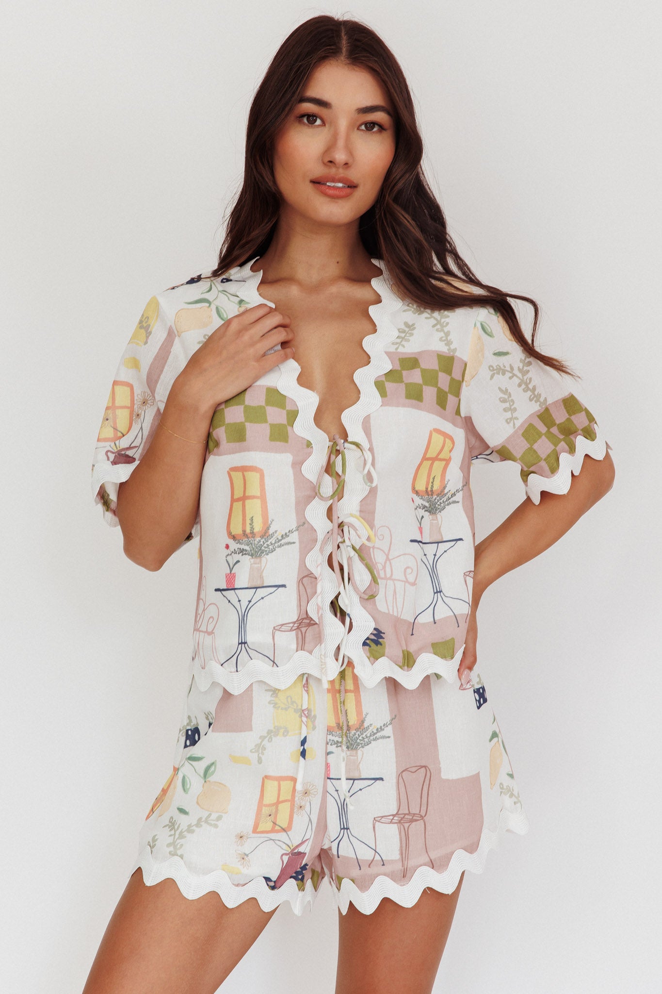 Breakaway Graphic Print Tied Short Sleeve Shirt Olive by Selfie Leslie Australia