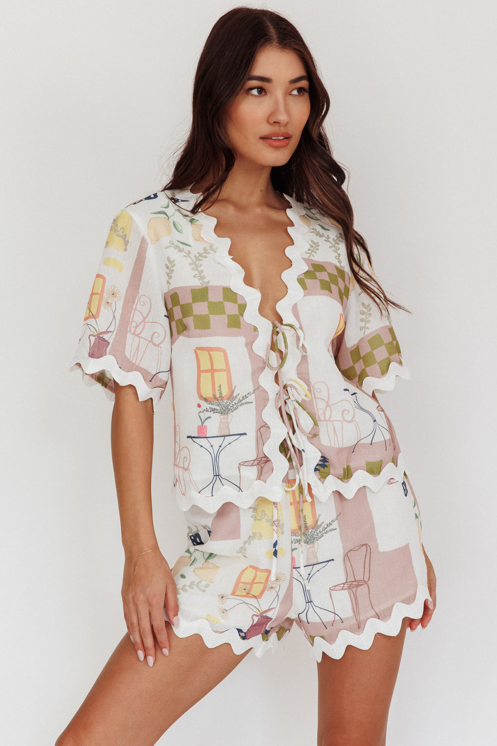 Breakaway Graphic Print Tied Short Sleeve Shirt Olive by Selfie Leslie Australia