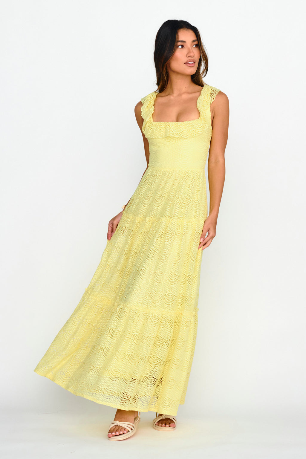 Portofino Sunset Ruffle Lace Maxi Dress Lemon by Selfie Leslie Australia