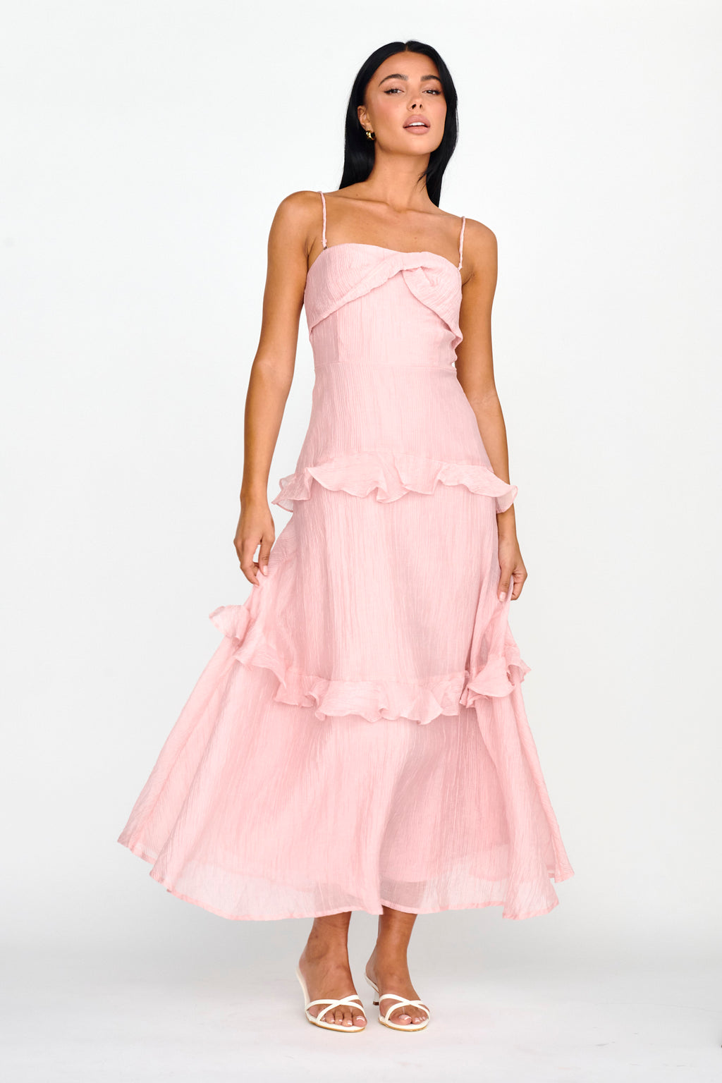 Rise & Glow Frill Trim Textured Midi Dress Blush by Selfie Leslie Australia