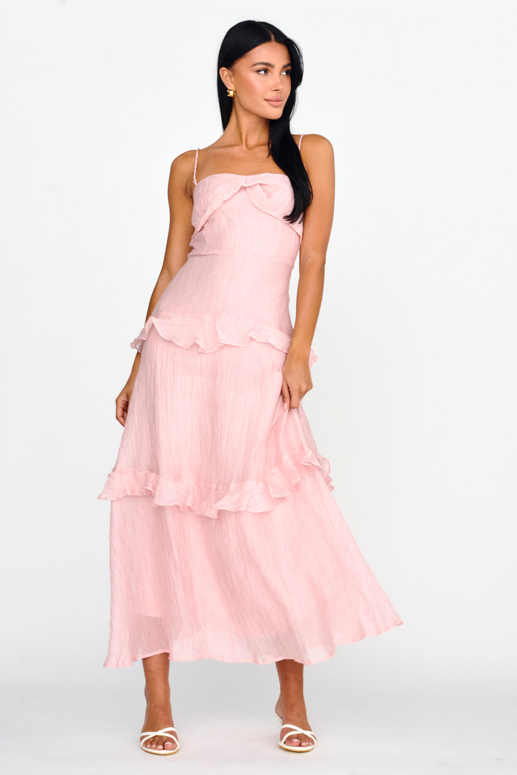 Rise & Glow Frill Trim Textured Midi Dress Blush by Selfie Leslie Australia