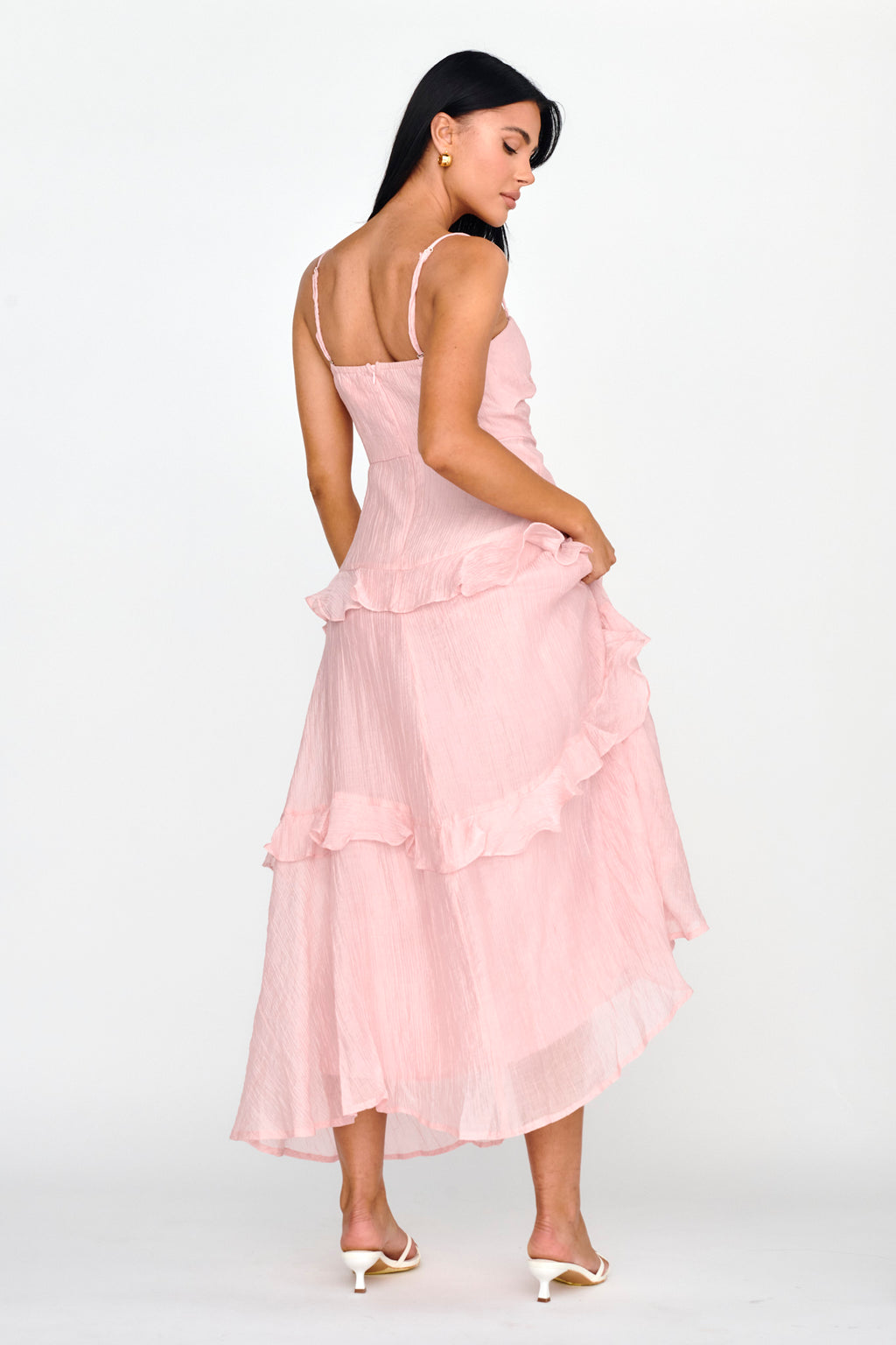 Rise & Glow Frill Trim Textured Midi Dress Blush by Selfie Leslie Australia