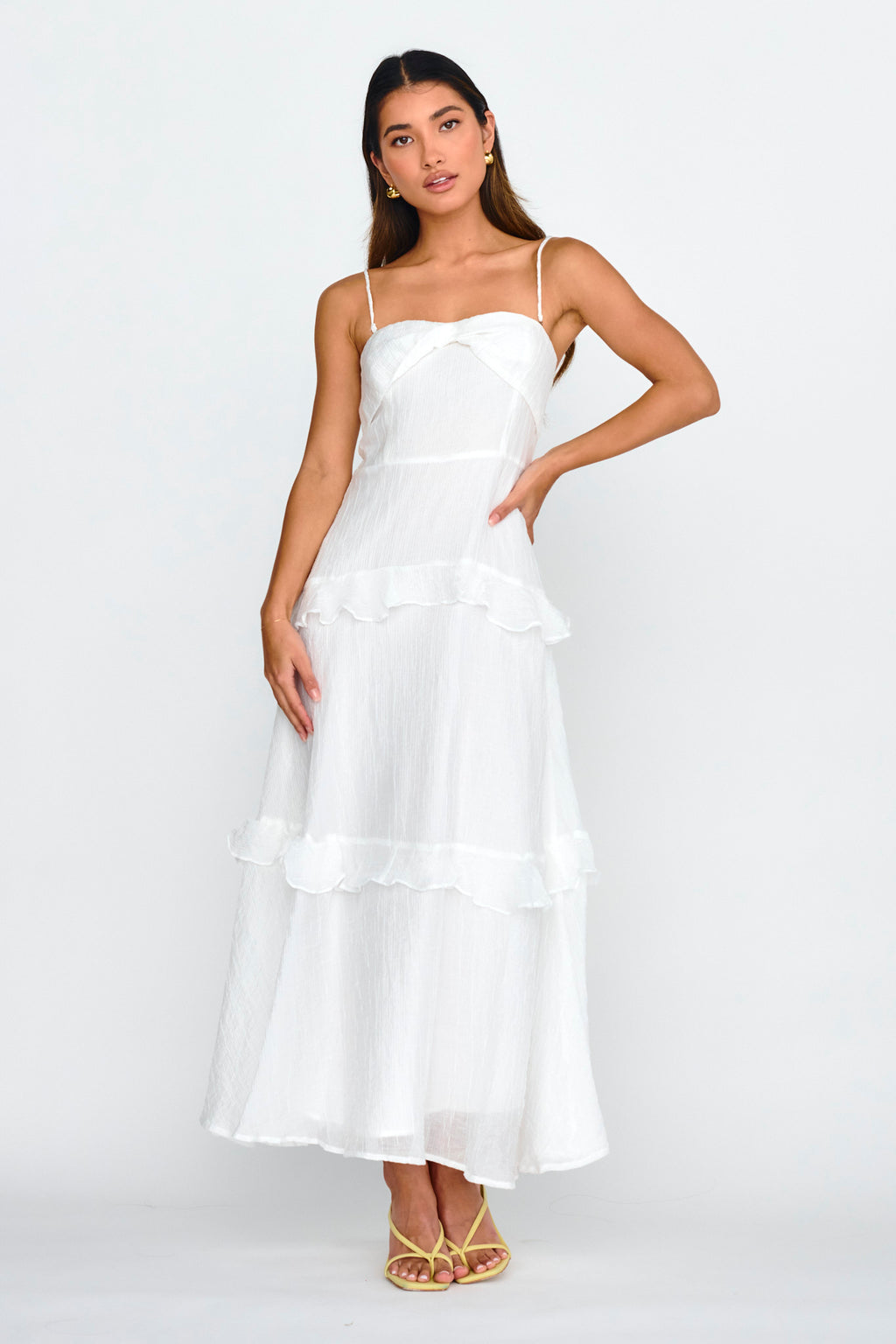 Rise & Glow Frill Trim Textured Midi Dress White by Selfie Leslie Australia