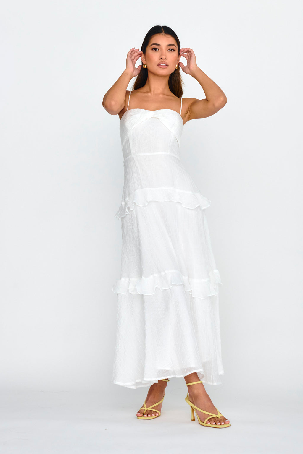 Rise & Glow Frill Trim Textured Midi Dress White by Selfie Leslie Australia