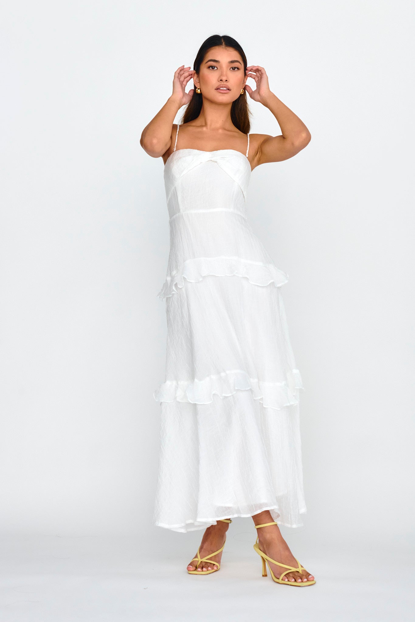 Rise & Glow Frill Trim Textured Midi Dress White by Selfie Leslie Australia