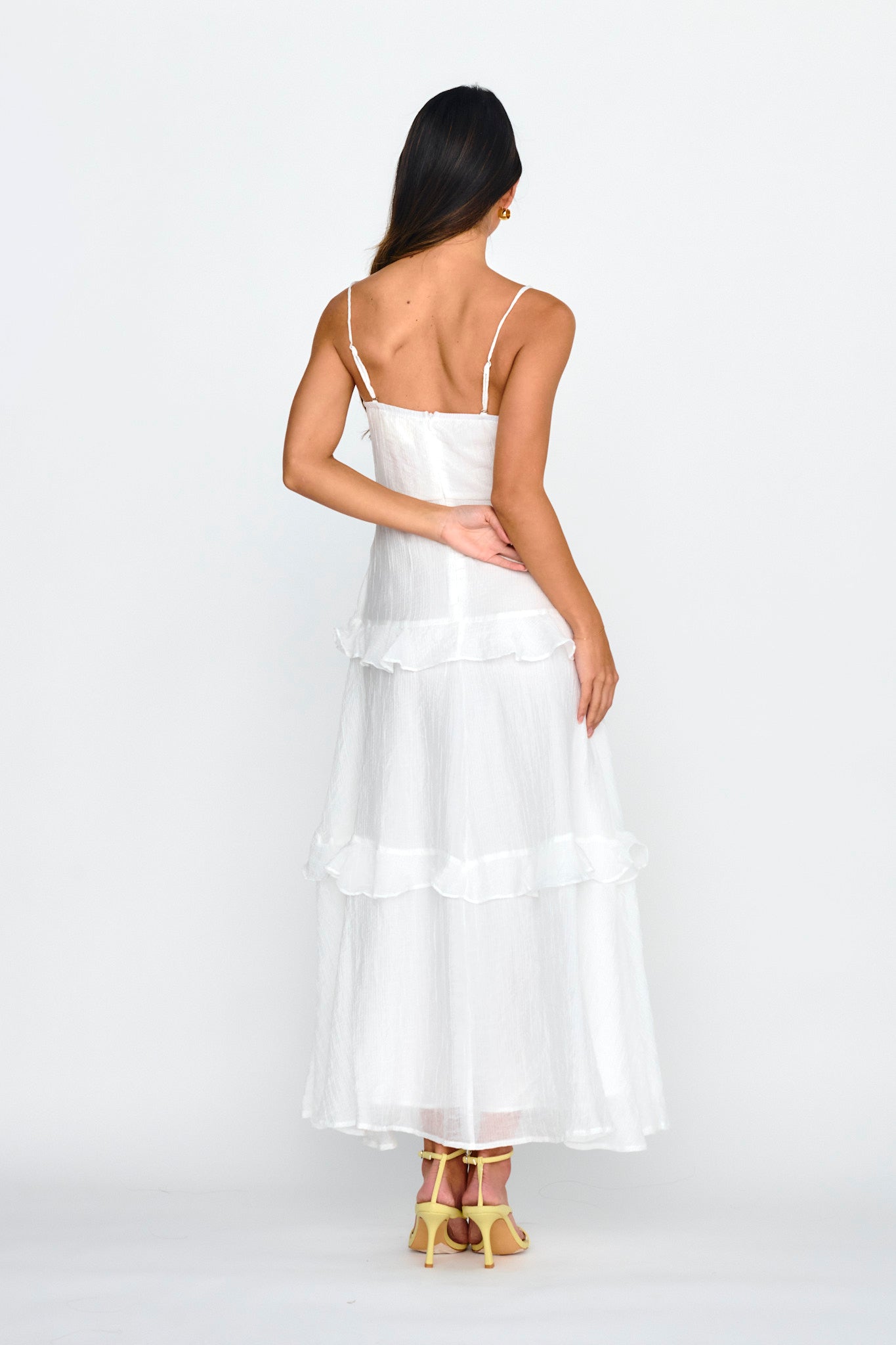 Rise & Glow Frill Trim Textured Midi Dress White by Selfie Leslie Australia