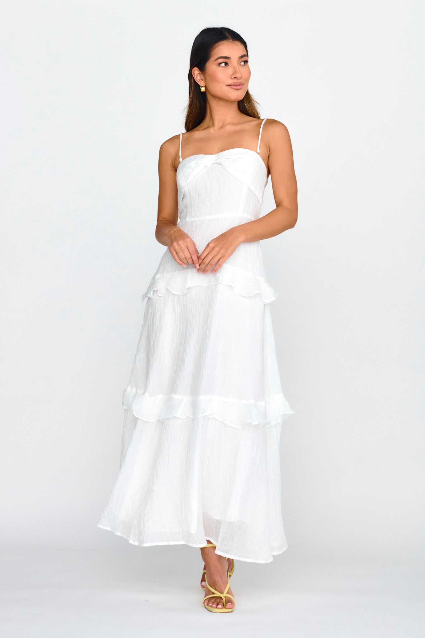 Rise & Glow Frill Trim Textured Midi Dress White by Selfie Leslie Australia