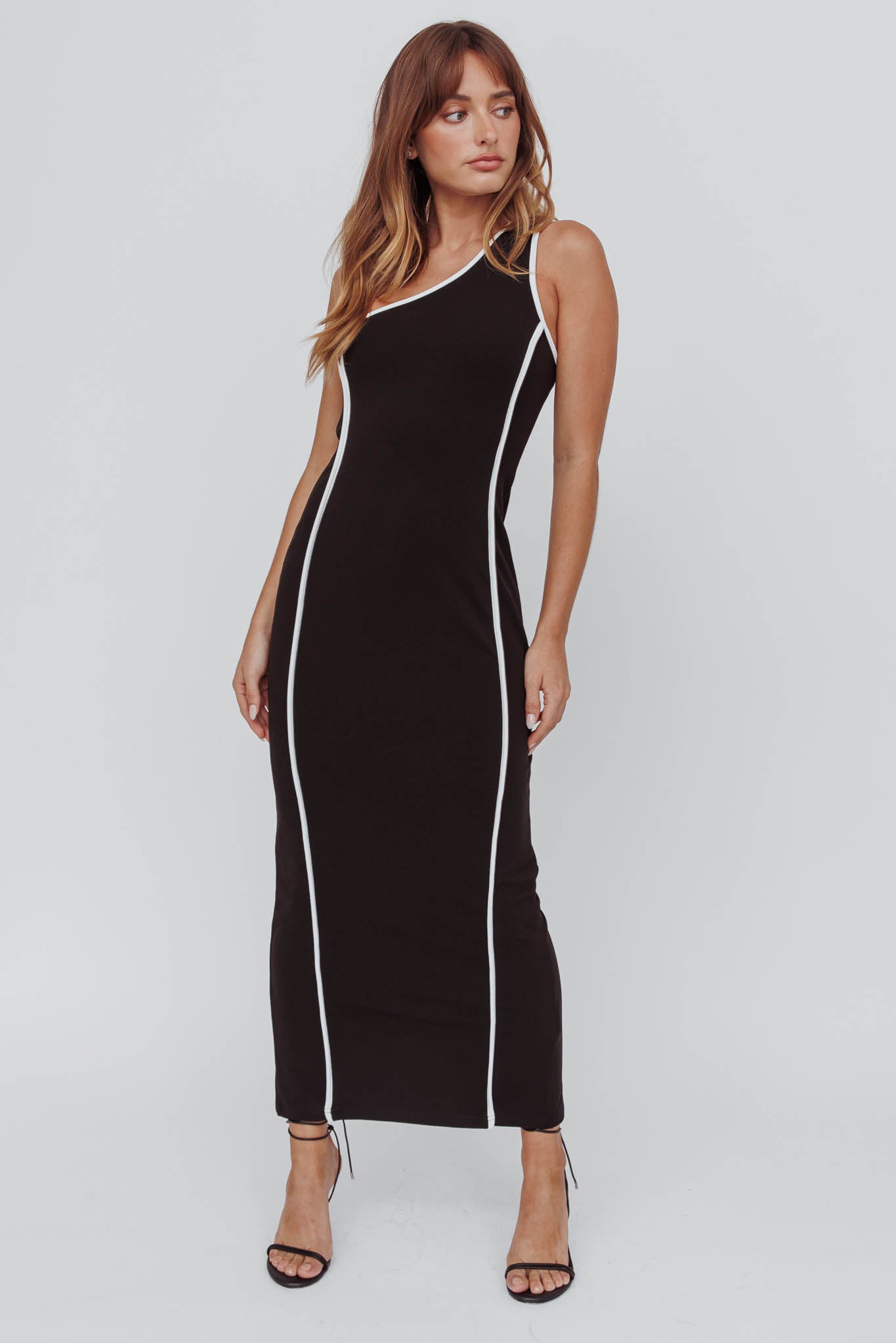 Ivanka One Shoulder Contrast Piping Dress Black by Selfie Leslie Australia