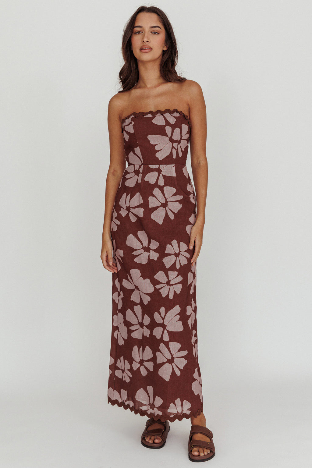 Cypress Floral Strapless Maxi Dress Brown by Selfie Leslie Australia