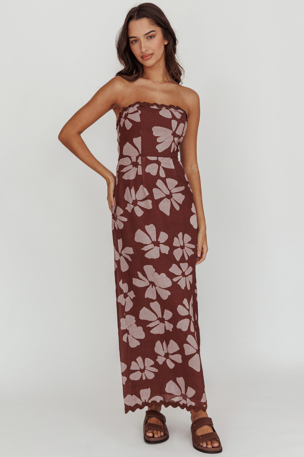 Cypress Floral Strapless Maxi Dress Brown by Selfie Leslie Australia