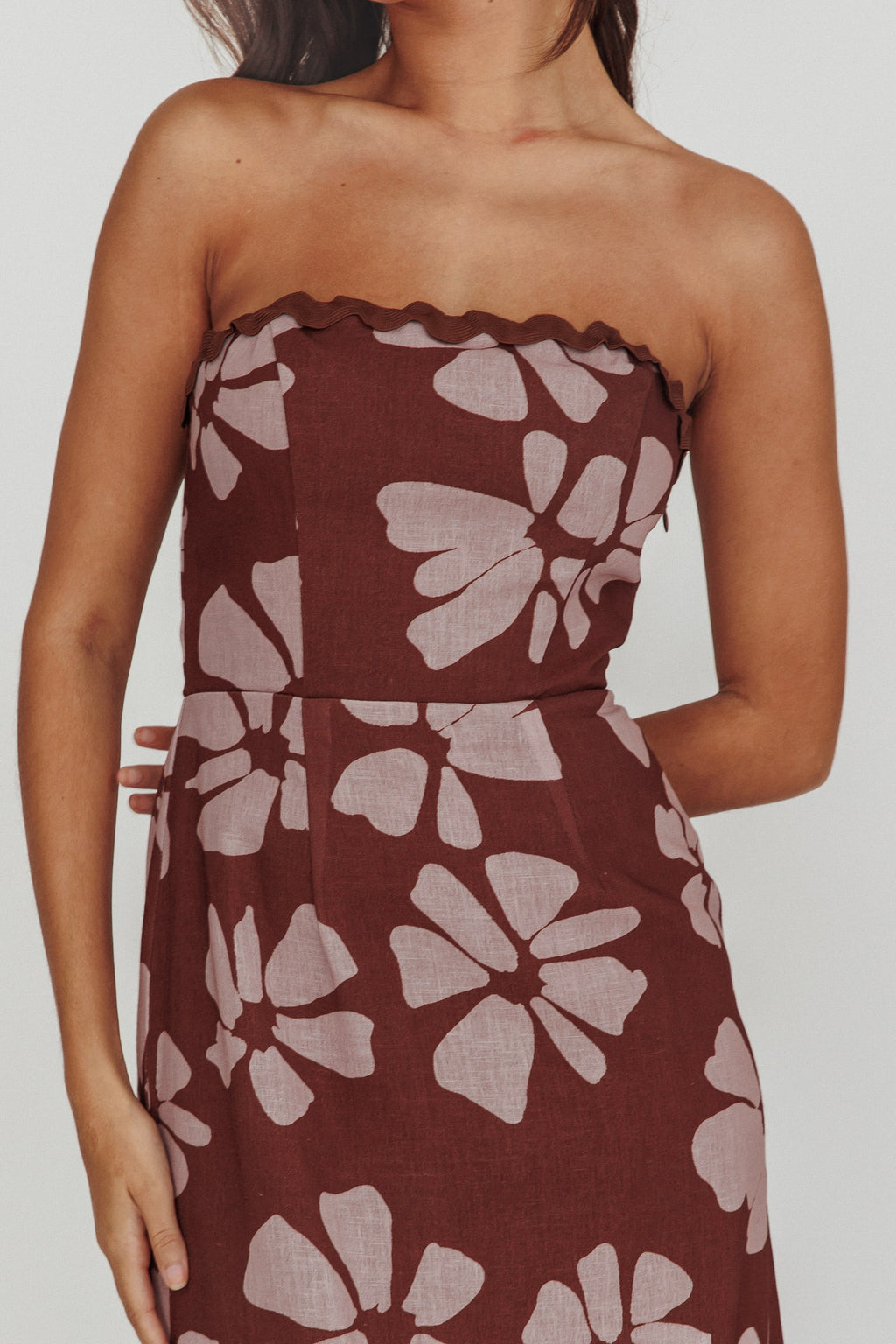 Cypress Floral Strapless Maxi Dress Brown by Selfie Leslie Australia