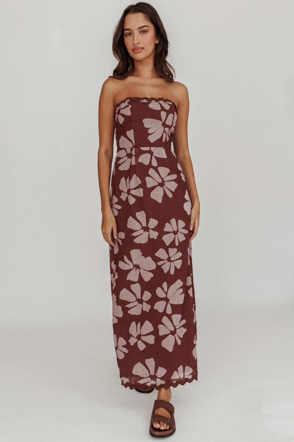 Cypress Floral Strapless Maxi Dress Brown by Selfie Leslie Australia