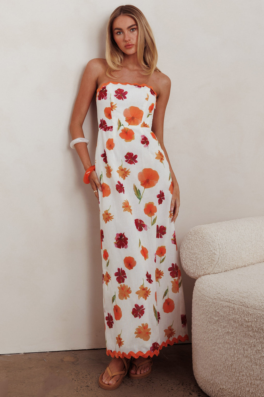 Cypress Ric Rac Trim Floral Strapless Maxi Dress Orange Multi by Selfie Leslie Australia