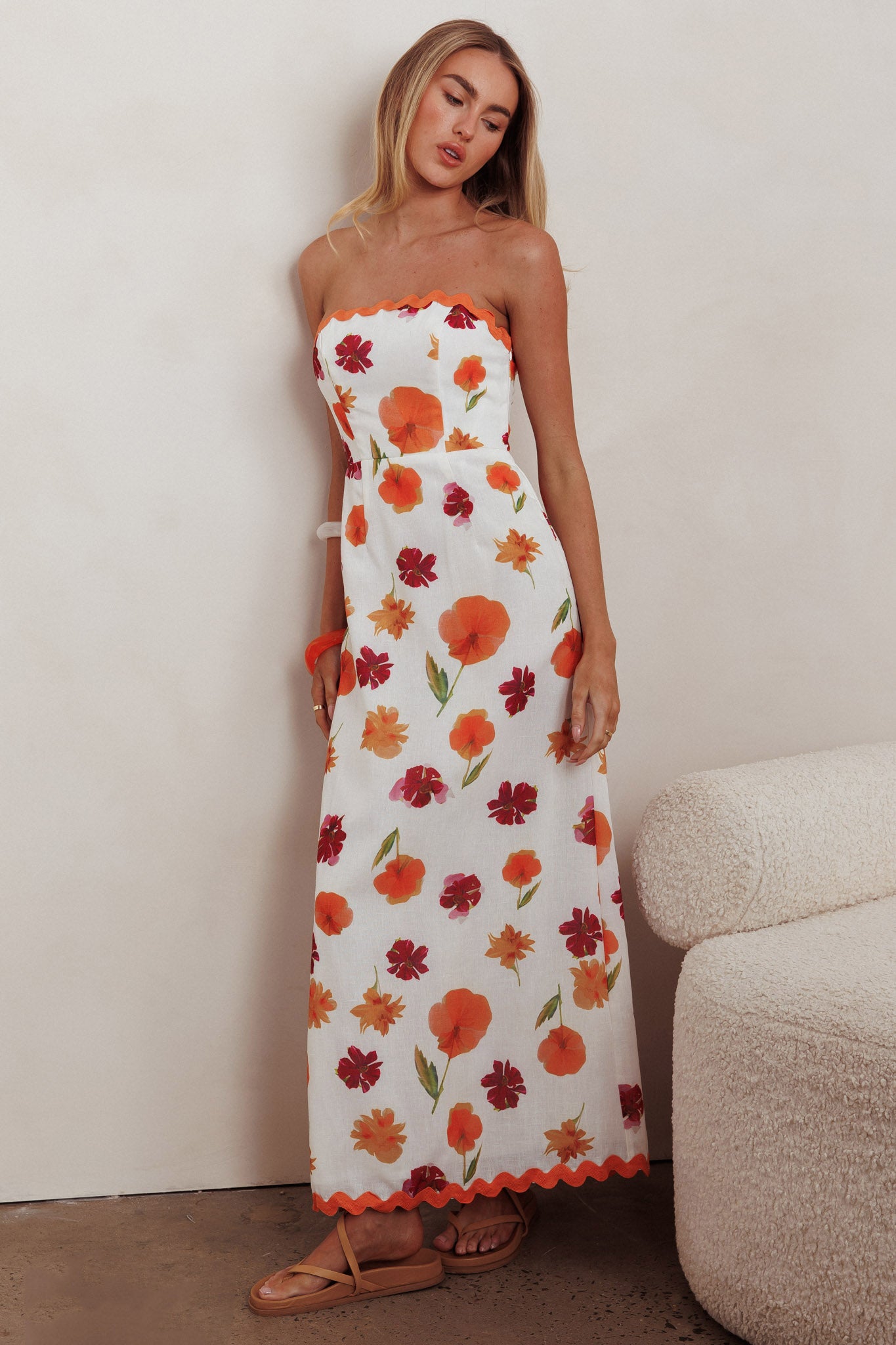 Cypress Ric Rac Trim Floral Strapless Maxi Dress Orange Multi by Selfie Leslie Australia