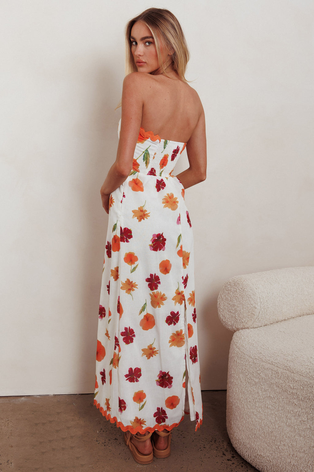 Cypress Ric Rac Trim Floral Strapless Maxi Dress Orange Multi by Selfie Leslie Australia