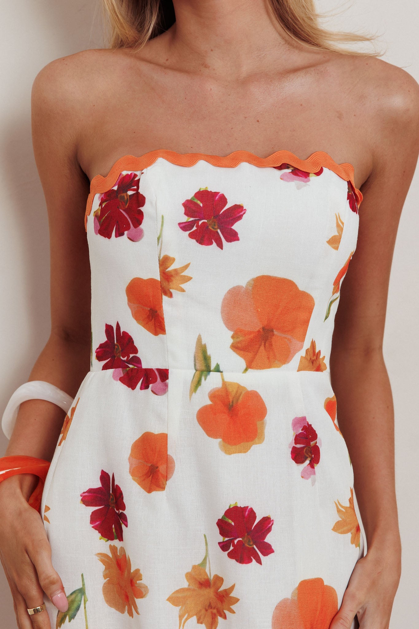 Cypress Ric Rac Trim Floral Strapless Maxi Dress Orange Multi by Selfie Leslie Australia