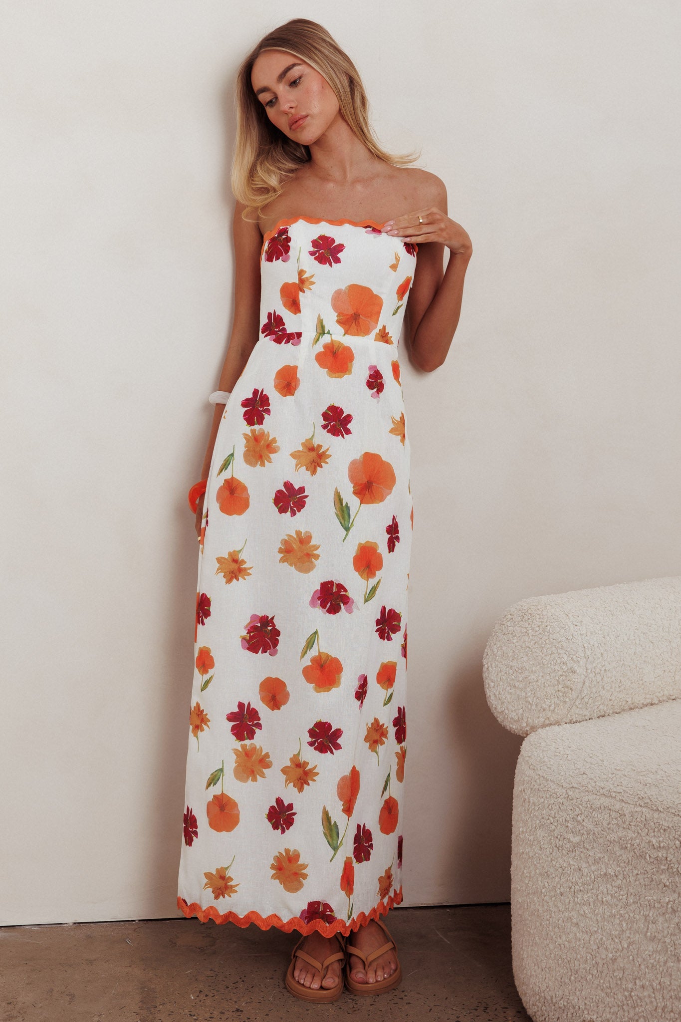 Cypress Ric Rac Trim Floral Strapless Maxi Dress Orange Multi by Selfie Leslie Australia