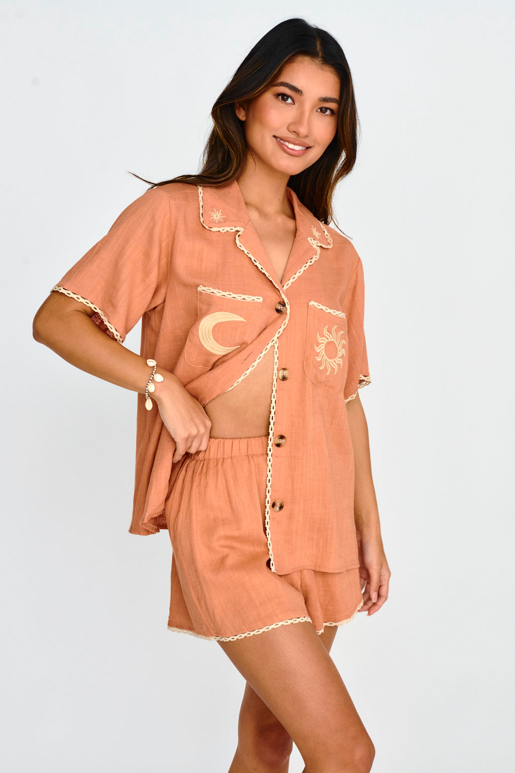 Swing Of Things Embroidered Shirt Mocha by Selfie Leslie Australia