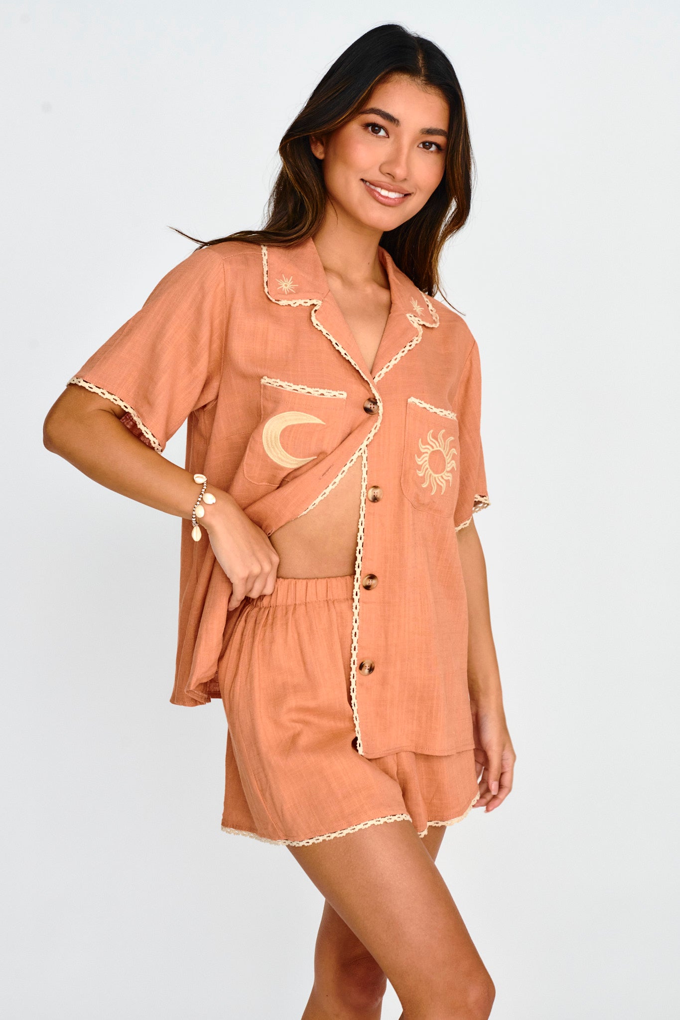 Swing Of Things Embroidered Shirt Mocha by Selfie Leslie Australia