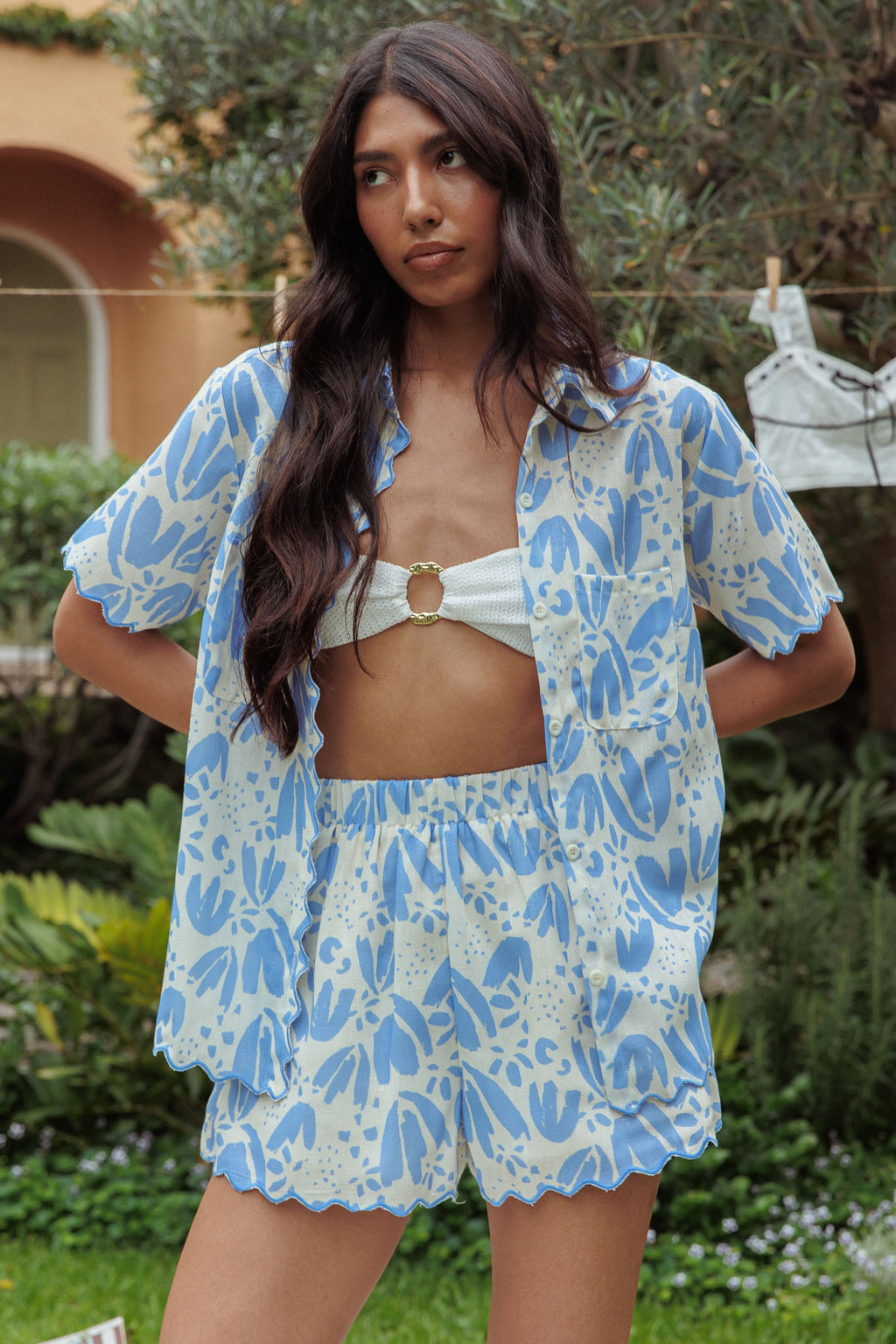 Swing Of Things Scalloped Elastic Waist Shorts Print Blue by Selfie Leslie Australia