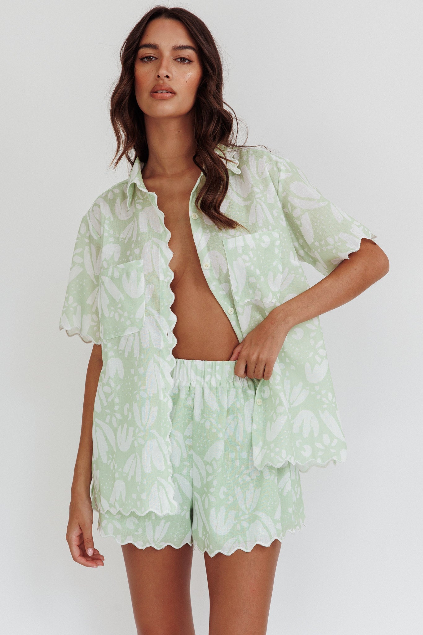 Swing Of Things Scalloped Elastic Waist Shorts Print Sage by Selfie Leslie Australia