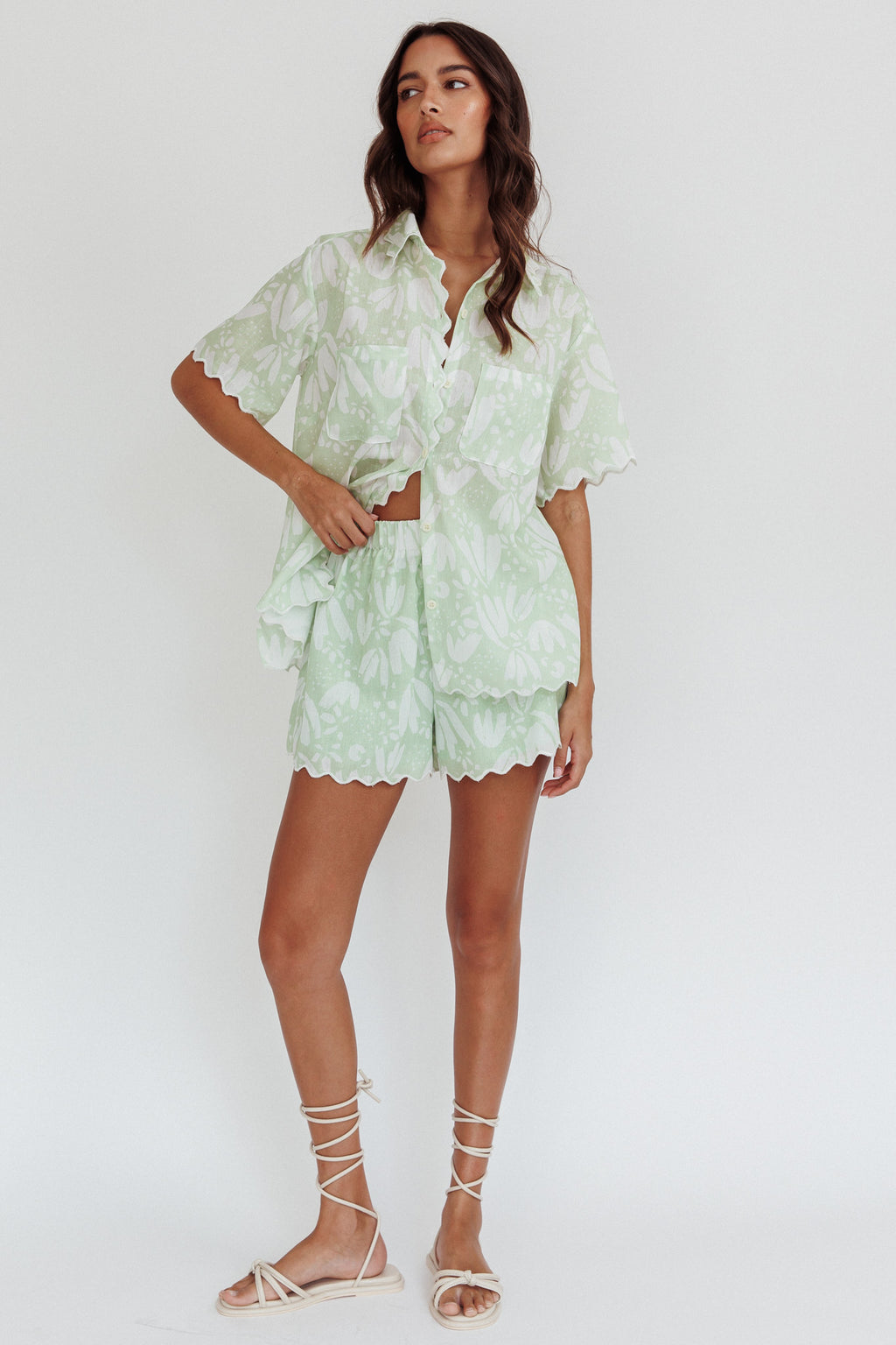 Swing Of Things Scalloped Elastic Waist Shorts Print Sage by Selfie Leslie Australia
