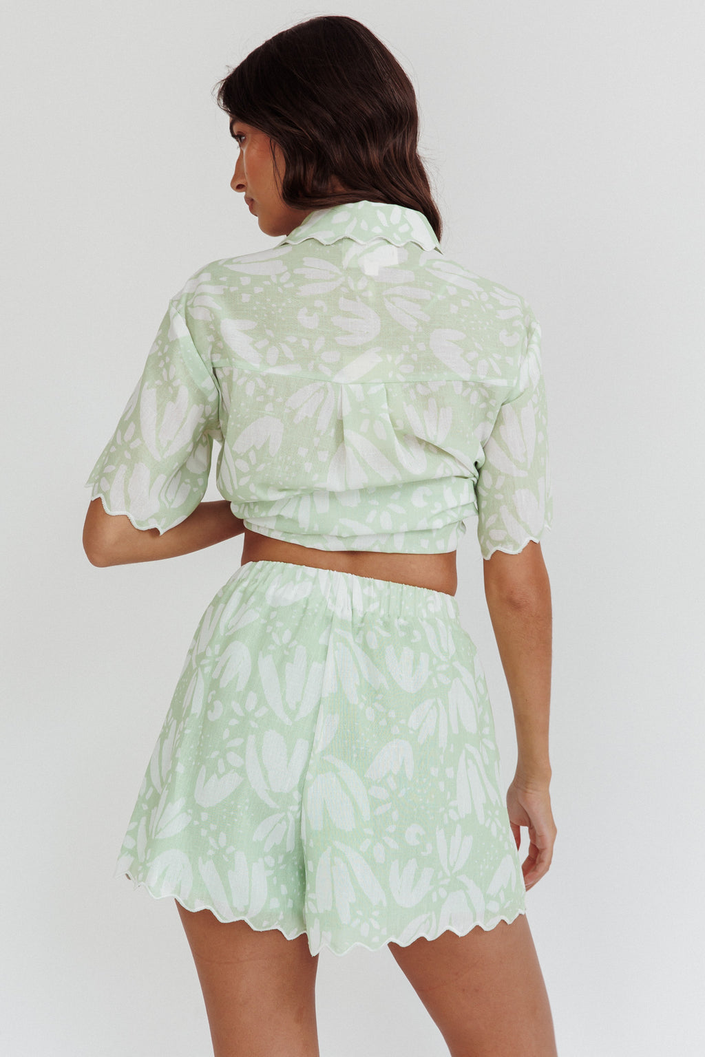 Swing Of Things Scalloped Elastic Waist Shorts Print Sage by Selfie Leslie Australia