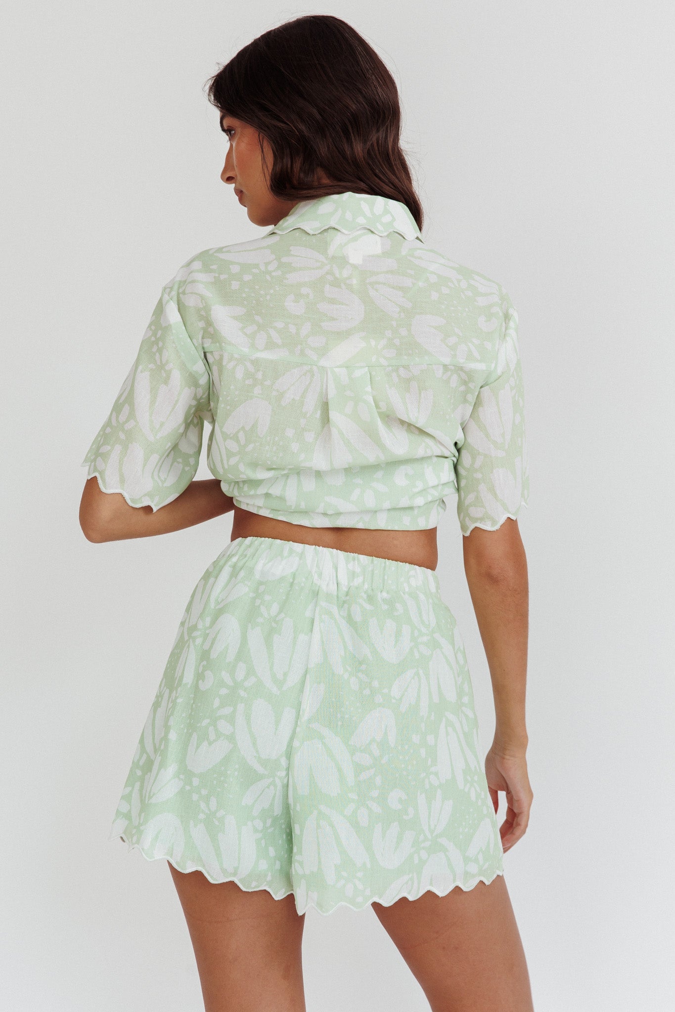 Swing Of Things Scalloped Elastic Waist Shorts Print Sage by Selfie Leslie Australia